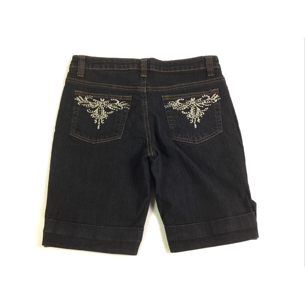 Charlotte Bermuda Shorts Womens‎ Sz 5/6 stretch Denim Black rhinestones Waist 28
